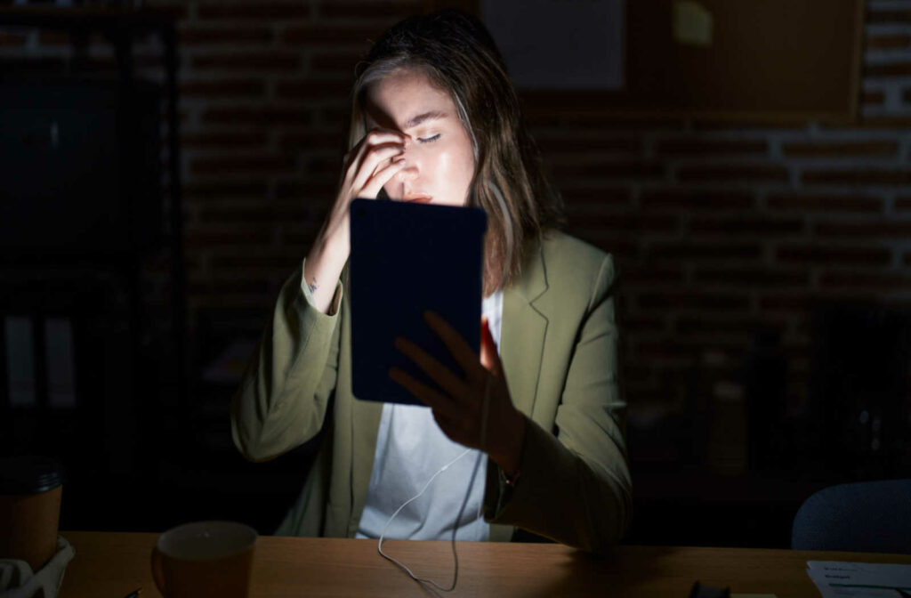 A younger woman sitting at a desk holding a tablet rubs her eyes due to eyestrain and dry eyes.