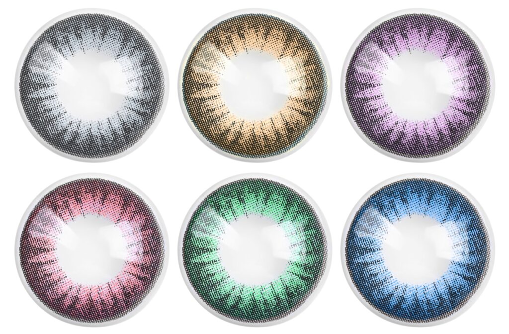 A variety of colored contacts on a white background.