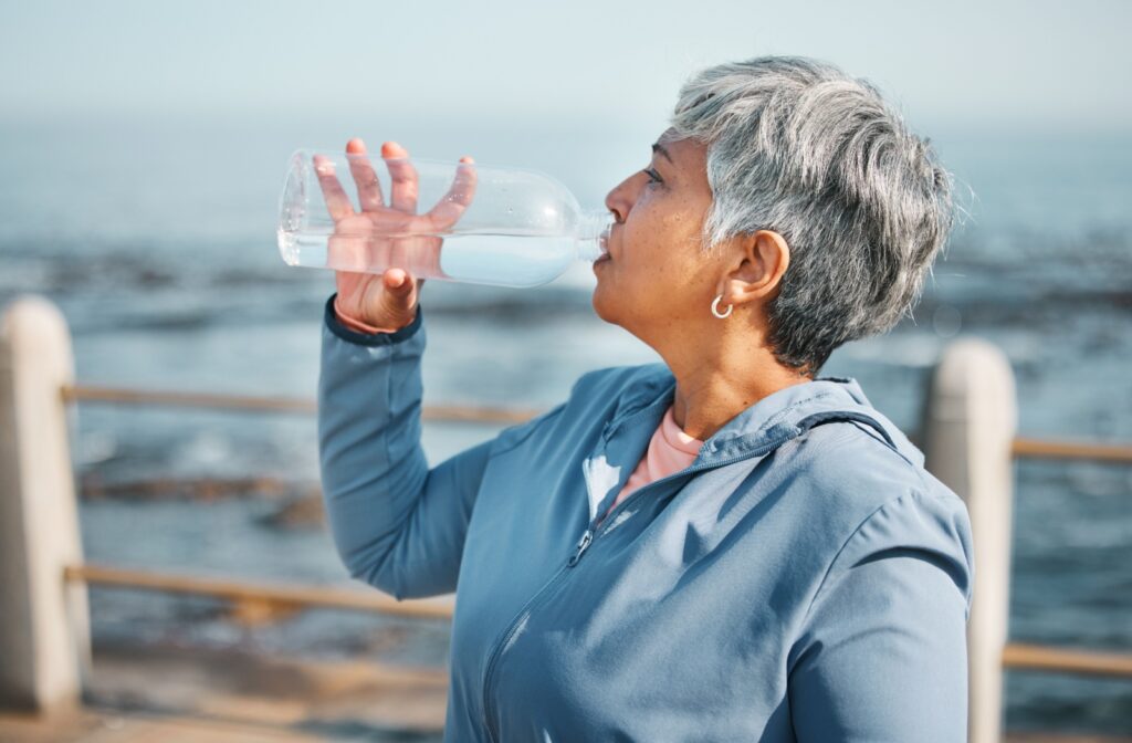 A person on a run takes a break to drink water out of a large water bottle.