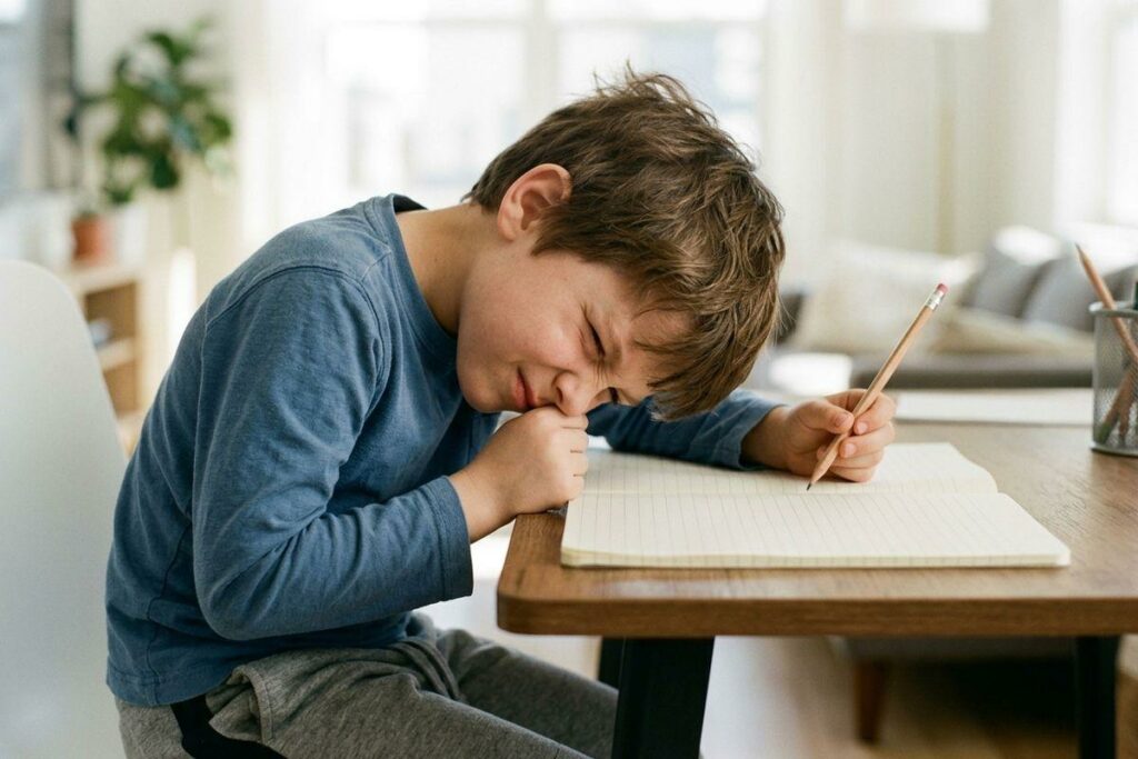 Child writing in a notebook with a pencil at a table, head resting close to the page, face looking frustrated.
