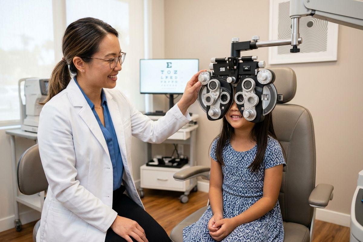 Optometrist smiling while a child looks through a phoropter during an eye exam, with an eye chart in the background.