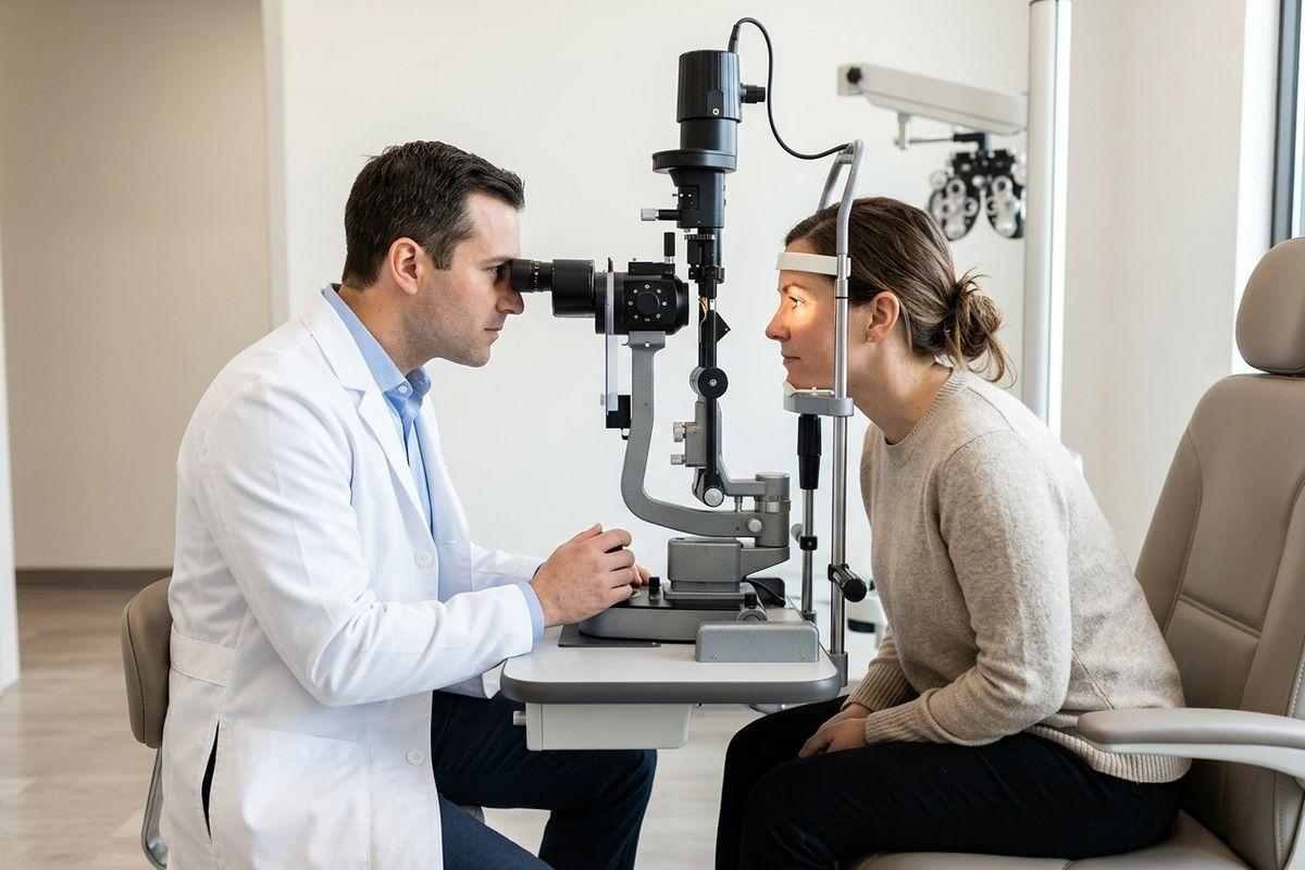 Optometrist examines a patient's eyes using a slit lamp during an eye exam in a clinic.
