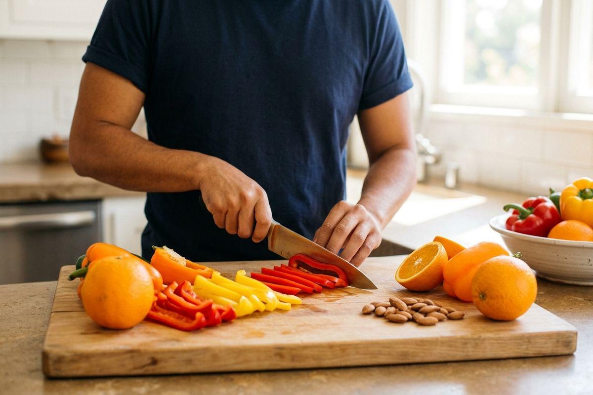 Person slicing bell peppers on a wooden board in a kitchen, with oranges and almonds nearby.