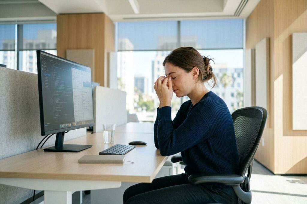 Person at an office desk pinching bridge of nose with eyes closed, in front of a computer monitor and keyboard.