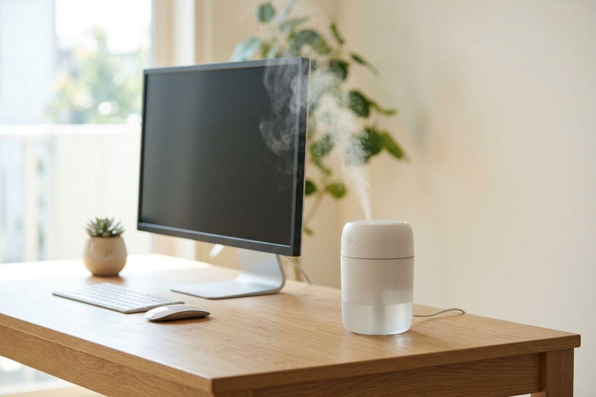 White humidifier emitting mist on a wooden desk beside a monitor, keyboard, mouse, and small potted plant near a window.