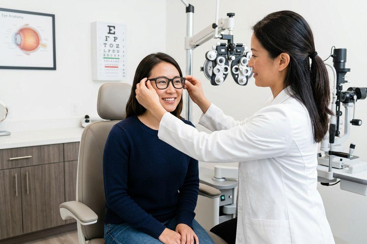 Optometrist fitting glasses on a smiling patient in an exam room with eye chart and phoropter.