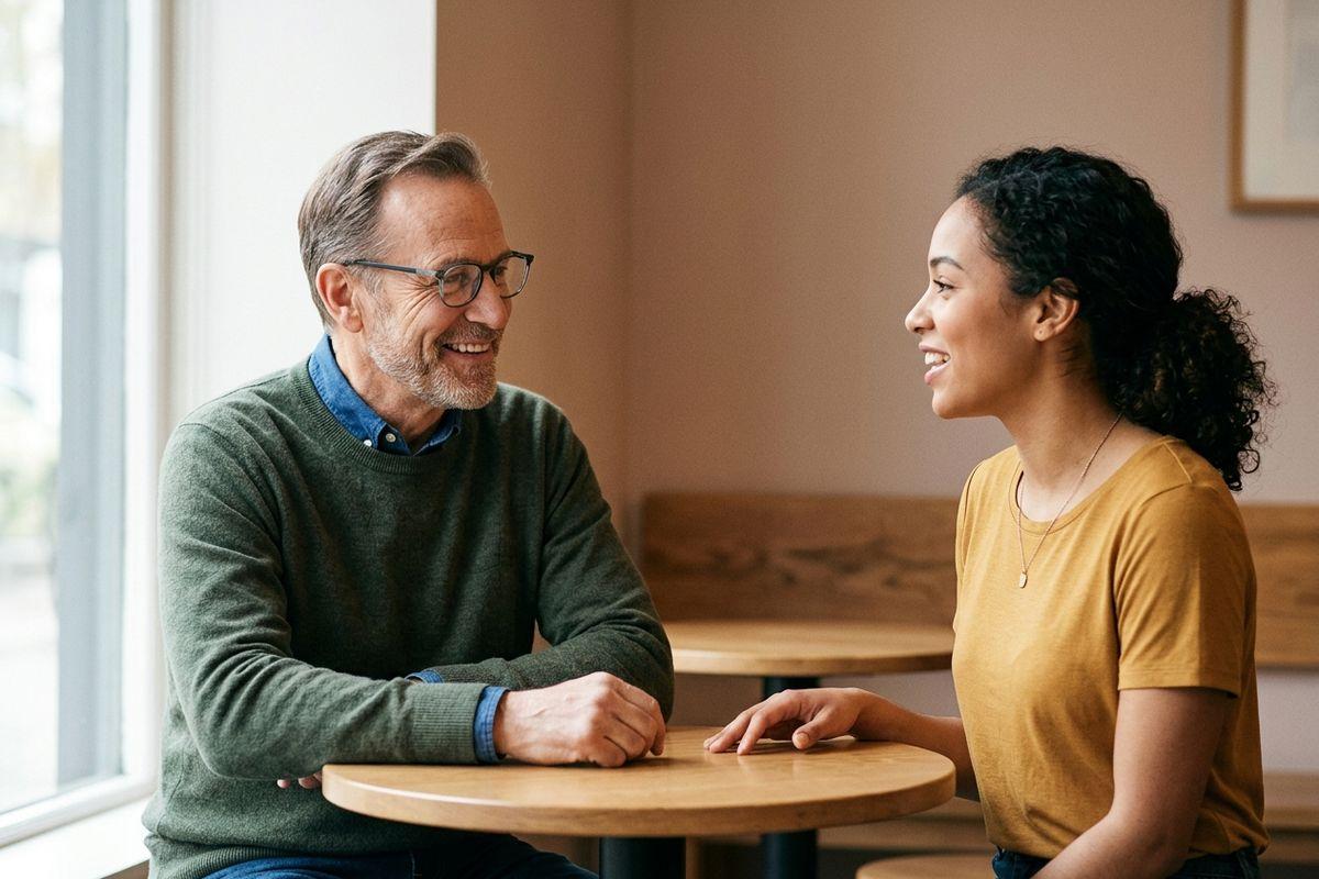 Two adults sitting at a small round table, talking and smiling at each other near a window.